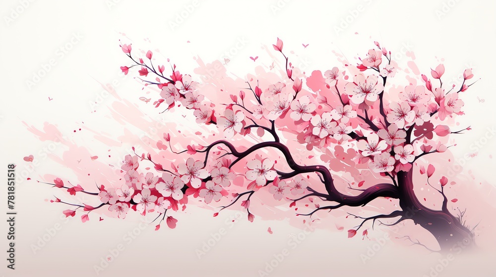 Fototapeta premium Illustrate the intricate details of a blooming cherry blossom tree in a minimalist vector art style Convey a sense of tranquility and elegance suitable for a wellness or beauty ad, focusing on the del