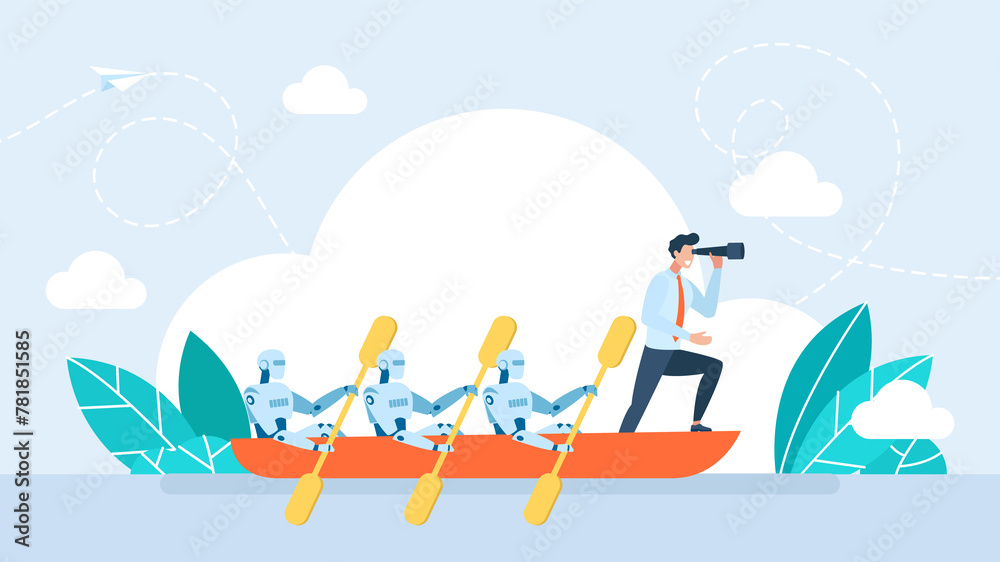 A man is the captain of a team of robots. Human businessman cooperation with robots concept. Global business automatization and artificial intelligence assistance. Flat illustration. A man is the captain of a team of robots. Human businessman cooperation with robots concept. Global business automatization and artificial intelligence assistance. Flat illustration.