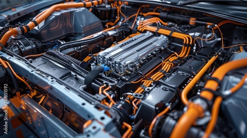 An overhead view of a main wiring harness being installed in a state-of-the-art electric vehicle, highlighting the role of electrical systems in powering the future of transportation.