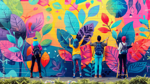 Volunteers participating in a neighborhood mural painting adding colorful art to public walls