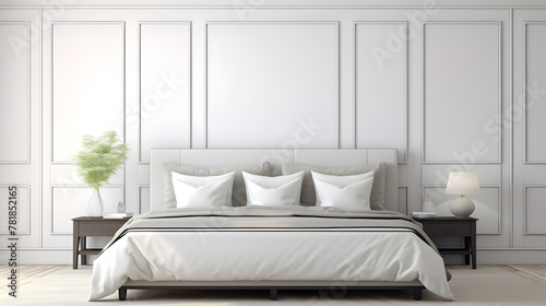 Cozy modern bedroom with elegant design ,Minimalist Bedroom Wall Decor Interior With White 3d Render Of Frame Mockup Backgrounds © Aleey