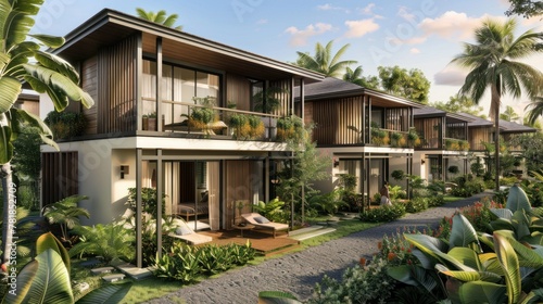 Design twin villas with separate wings for living and sleeping areas, allowing for privacy and tranquility  photo