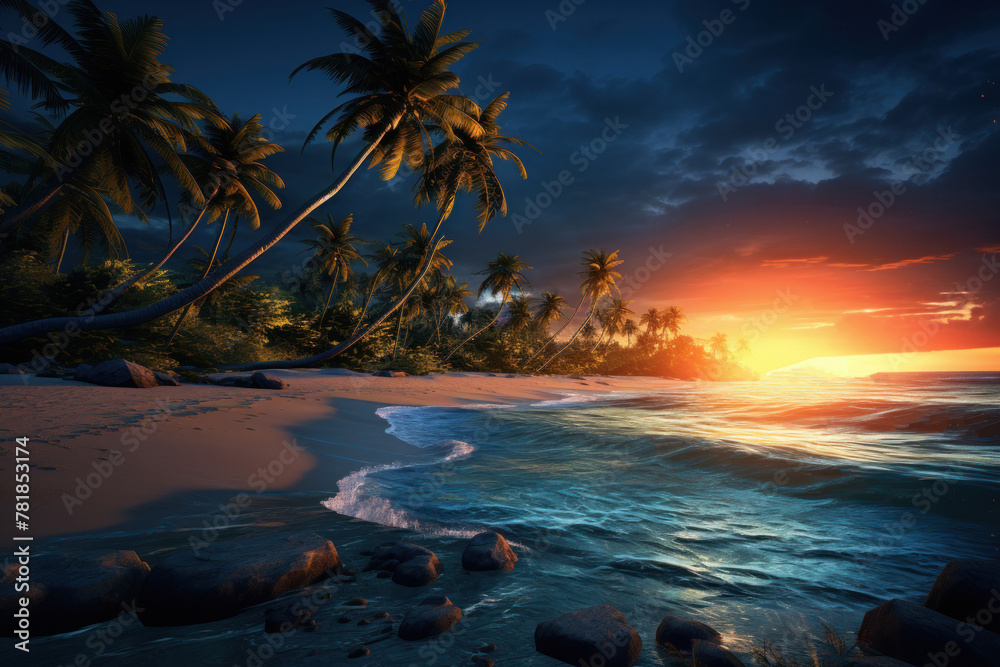 Paradise beach with palm trees at sunset. Tropical climate, beach holidays. Coastline with stormy sea in the evening