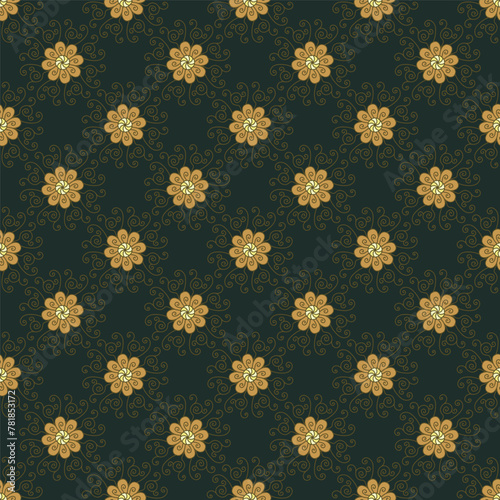 Seamless pattern with hand drawn yellow classic floral rosette motifs on a dark green background