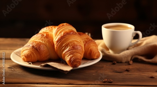 Breakfast with croissants and coffee on a rustic table