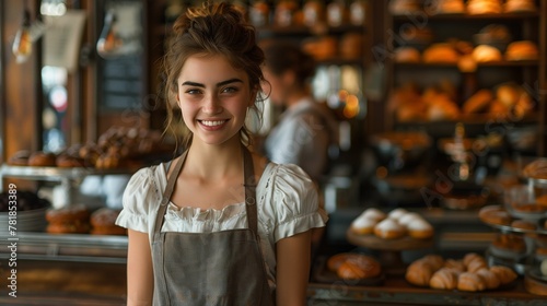 Smiling Young Female Baker in an Apron at a Bakery