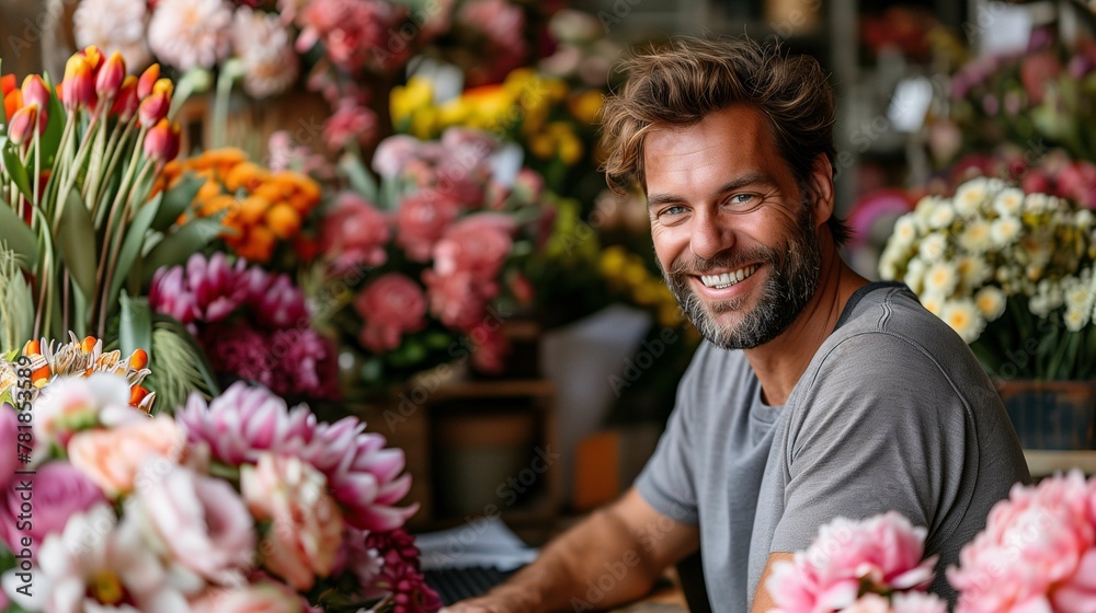 Smiling Man with Flowers at a Florist Shop
