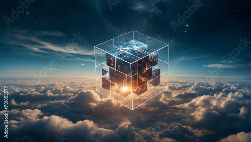 A translucent cube traps eerie clouds in the sky surrealism photo