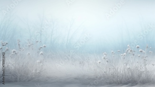 Frost-Edged Plants, Misty Winter Morning, Ethereal White Landscape