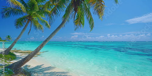 A beautiful beach with palm trees and a clear blue ocean. The scene is peaceful and relaxing