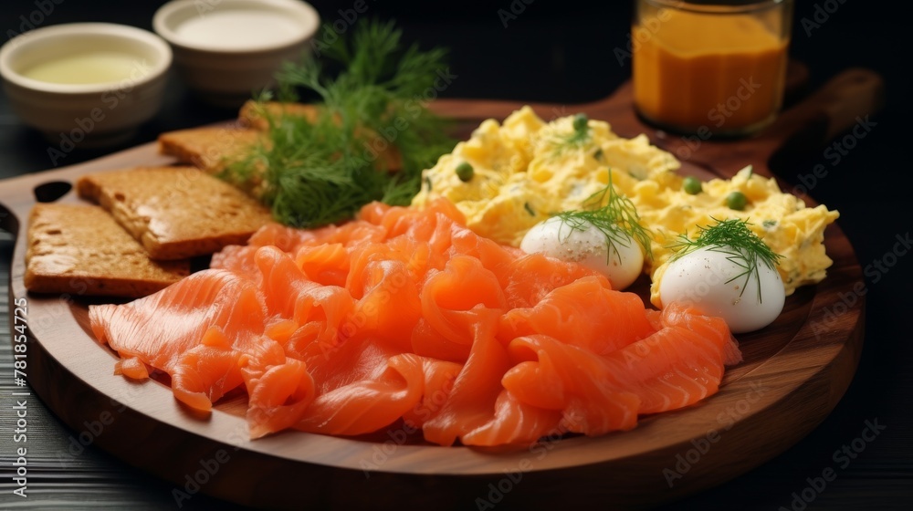 Scrambled eggs and smoked salmon on a tray Scrambled eggs and smoked salmon on a tray