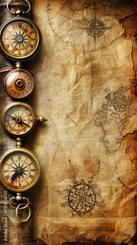 A vintage looking paper with four clocks and a map. The clocks are positioned in a row and the map is in the background