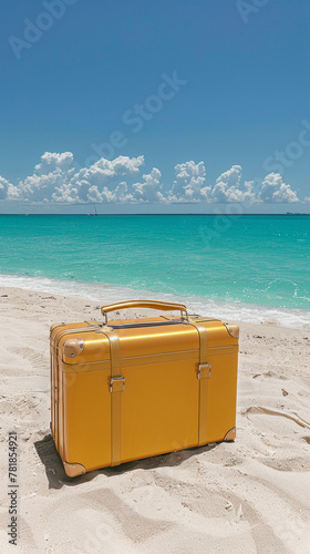 A yellow suitcase is sitting on the sand next to the ocean. The scene is serene and peaceful, with the bright yellow suitcase standing out against the backdrop of the blue ocean