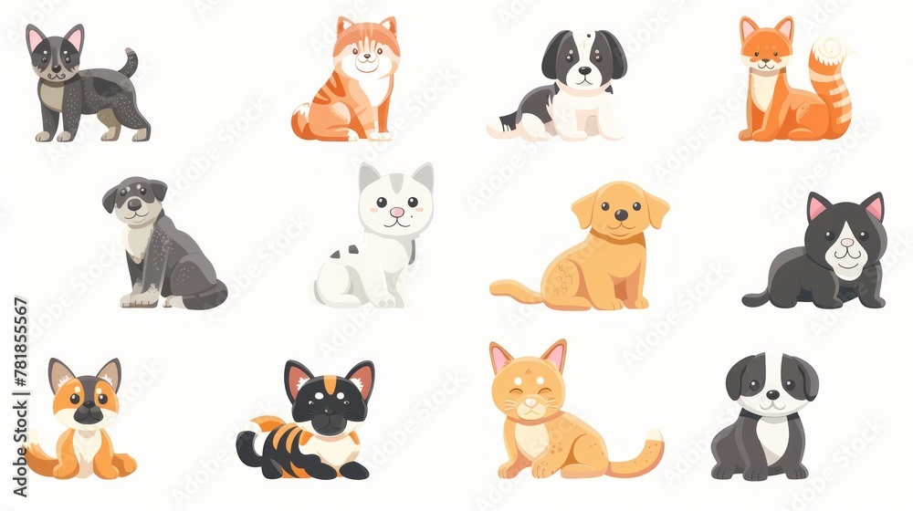 Develop a series of digital avatars or profile pictures featuring stylized illustrations of different domestic animals against a simple white background,  
