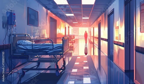 Serene hospital corridor with sunlight and silhouette of healthcare worker photo