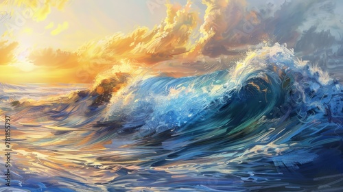 Develop a series of digital paintings showcasing the graceful movement and luminous colors of a water wave isolated against a tranquil, sunlit seascape 