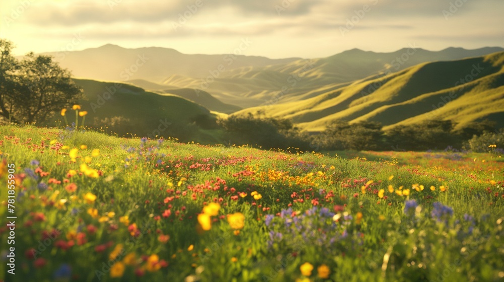 Scenic Serenity Capturing the Beauty of a Hilly Terrain with a Wildflower Meadow and Dappled Sunlight Scenic Serenity Capturing the Beauty of a Hilly Terrain with a Wildflower Meadow and Dappled Sunlight