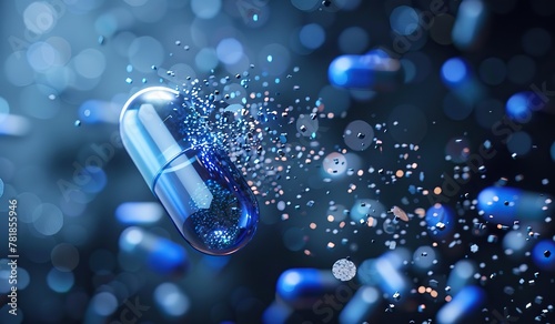 Exploding capsule with dynamic blue particles on dark background photo