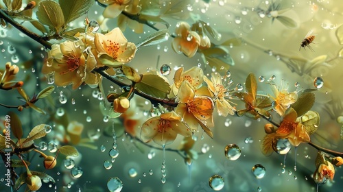 Develop a series of digital photo manipulations combining images of water drops with other elements of nature  such as leaves  