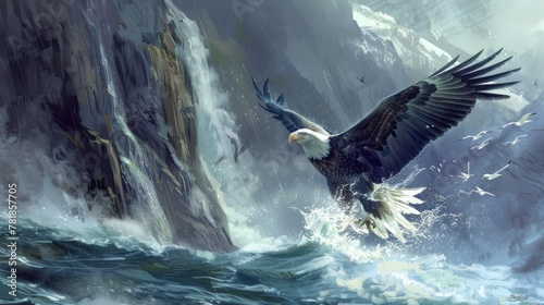 Develop a series of illustrations depicting the stages of an eagle's dive, from the initial descent to the moment of impact as it snatches a fish from the water  photo