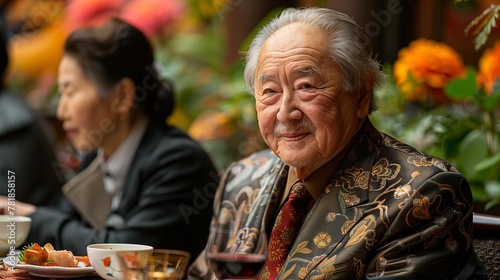Elderly Asian Man Smiling at Traditional Dining Setting