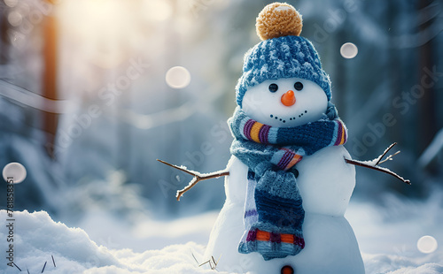 Cute Snowman in Blue Knit Hat  photo