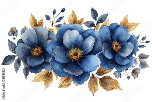 watercolor navy blue bouquet, gold leaves, botanical, clip art drawing, peonies, roses, herbs, wedding invitation photo