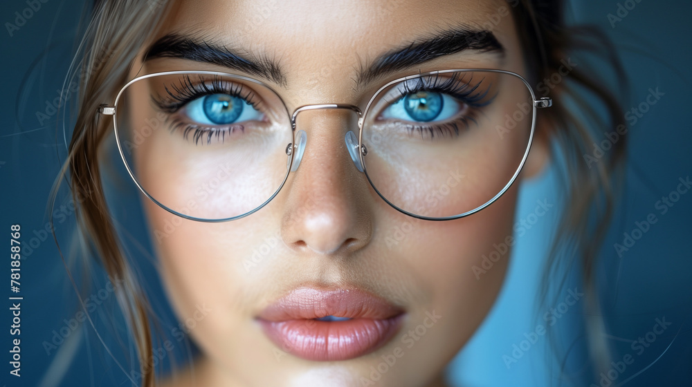 Beautiful woman with blue eyes and glasses in a closeup portrait Beautiful woman with blue eyes and glasses in a closeup portrait