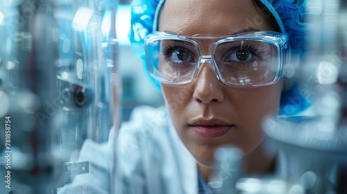 Concentrated female scientist inspecting samples in a laboratory setting