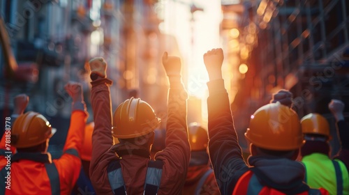Group of construction workers celebrating success at sunset on site 