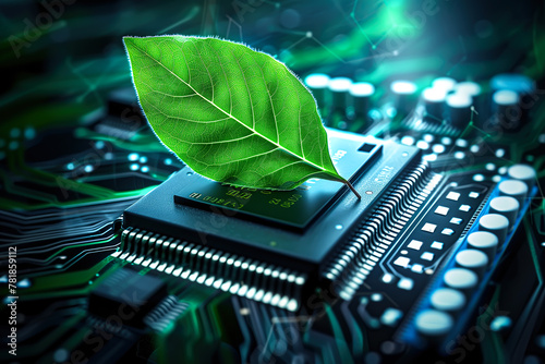 A green leaf is placed on top of a computer circuit board. The concept of the integration of eco-friendly technology and sustainable computing practices. Generative AI. photo