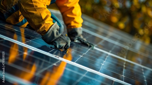 Solar panel technician installing panels on a sunny day 