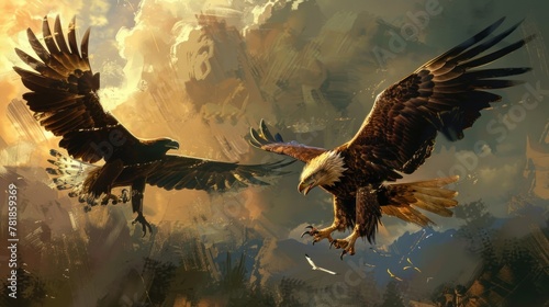 digital painting of an eagle engaged in aerial combat with another bird of prey, showcasing its agility and ferocity in defending its territory   photo