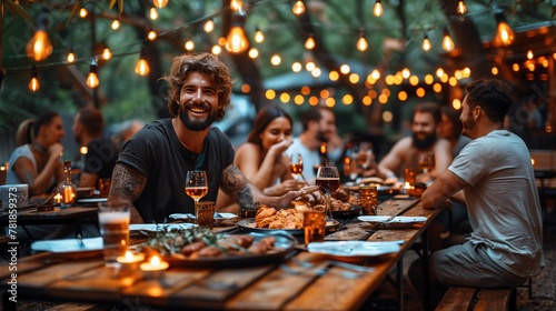 Smiling Man Enjoying Outdoor Dinner Party with Friends at Dusk