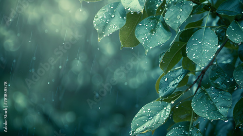 rain-soaked leaves glisten under the soft light of a cloudy sky on a rainy day