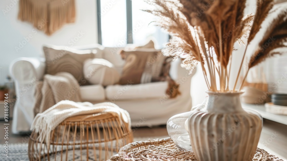 Sunny Bohemian Living Space with Pampas Grass in Vase