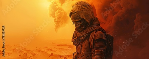 Scavenger, makeshift armor, resourceful scavenger, scavenging for supplies in a desolate wasteland, dust storm raging, realistic image, silhouette lighting, chromatic aberration