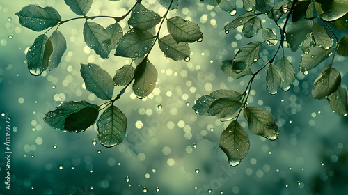 rain-soaked leaves glisten under the soft light of a cloudy sky on a rainy day