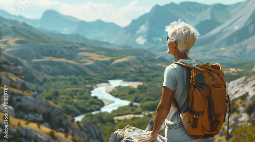 Mature woman with a backpack on her back stands on a mountain and looks at the mountains and the river. Sports tourism, hiking and traveling to beautiful places in old age. photo