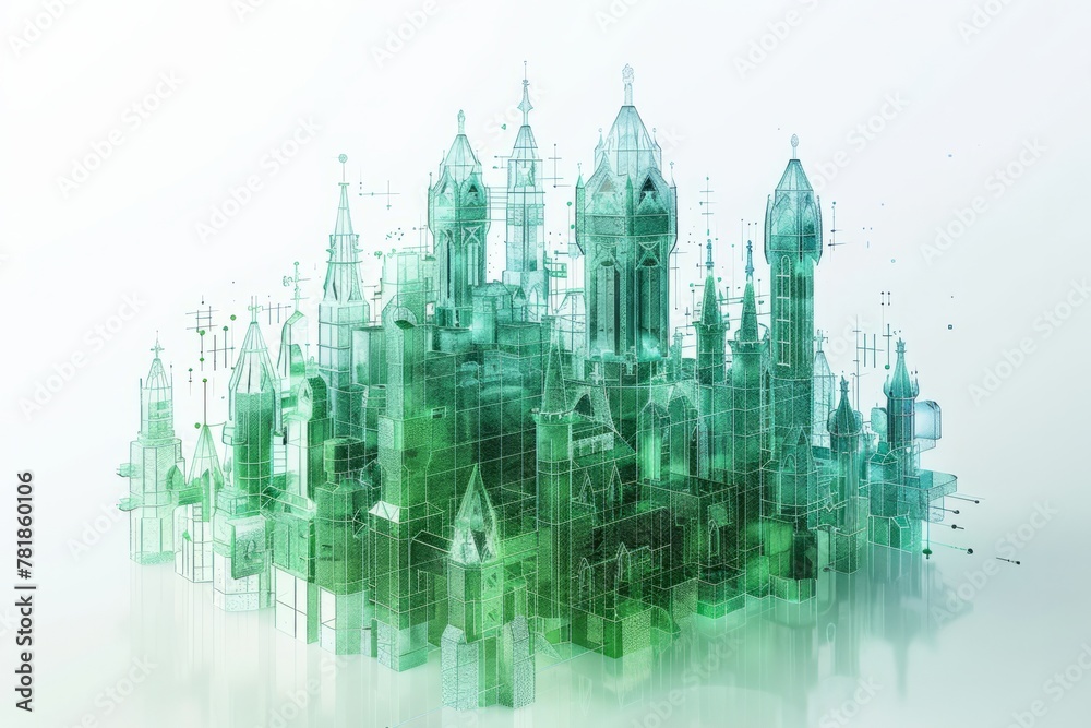 Digital castle made of data and polygons with digital field, minimalism 3d render green color at white background
