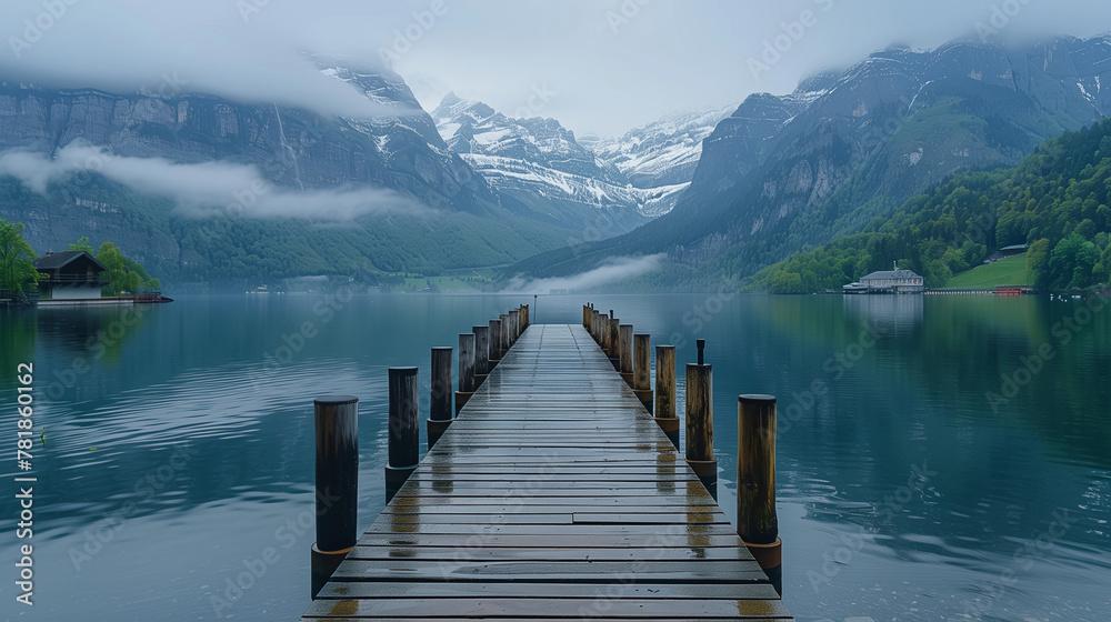 wooden pier leading into the lake, mountains in the background wooden pier leading into the lake, mountains in the background