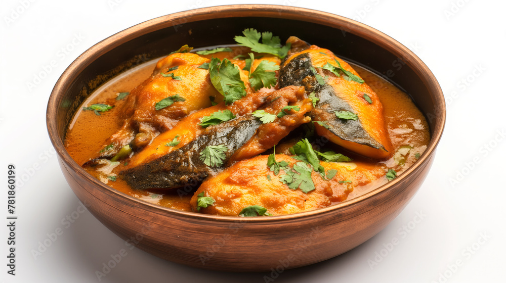 Traditional Bengali Fish Curry in Round Bronze Bowl, White Background