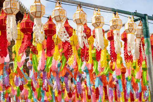 Beautiful decorations with handmade paper craft lantern hanging around the temple. One of the highlights is celebrating The Grand Lantern Festival at Wat Phra That Haripunchai in Lamphun, Thailand. 