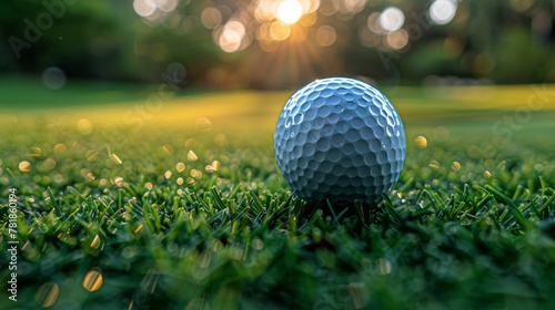 Close-up of a golf ball on a lush fairway with a golfer in mid-swing in the background, set against a scenic mountain backdrop.