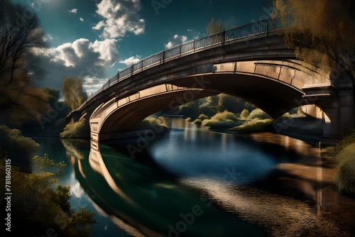A scenic composition of a bridge over a meandering river, the play of light and shadows accentuating the structural elegance, all captured with vivid clarity in