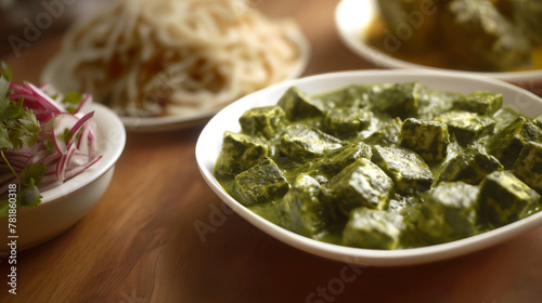Plate of a Palak Paneer, a savory Indian spinach curry with paneer cheese, served in a white bowl