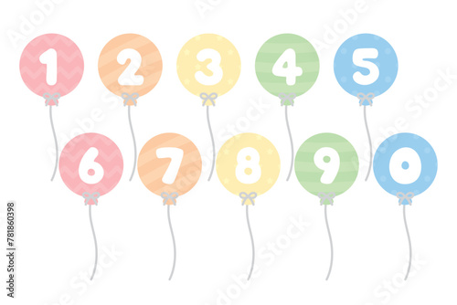 Set of pastel numbered balloons illustration. Baby and kids party decoration.