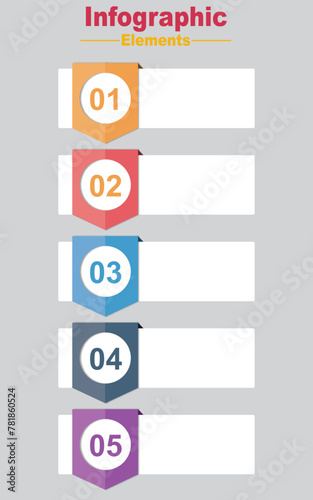 Funnel, ribbon infographic template or element with 5 step, process, option, colorful, circle, button, tag, stair, ladder, rectangular, circular, label for sale slide