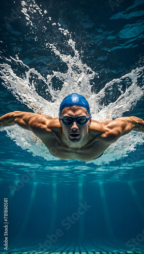 Professional male swimmer in action in the water