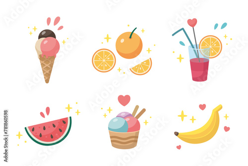 Summer popular food Set. Cute summer fruit, ice cream icons collection. Summertime elements. Beach party illustration. Cartoon vector illustration. Flat design.